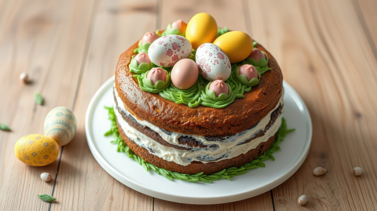 Deliciously decorated spring cake with colorful eggs and green frosting positioned on a wooden table